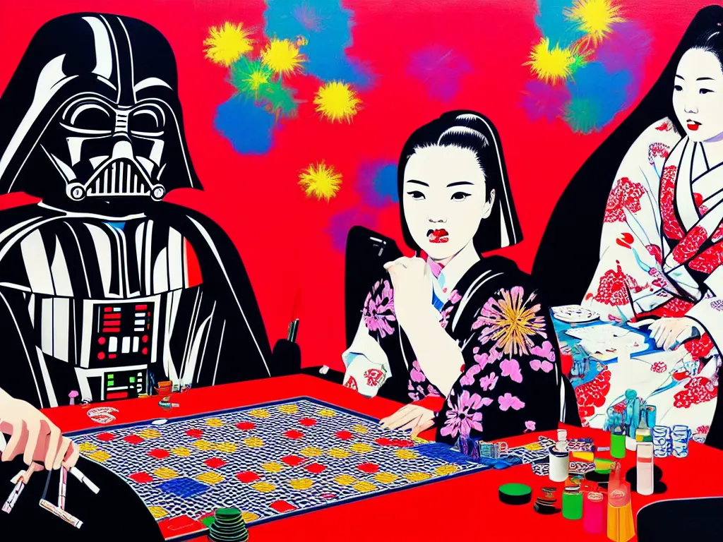 Image similar to hyperrealistic composition of the detailed woman in a japanese kimono sitting at a poker table with detailed darth vader, fireworks, mount fuji on the background, pop - art style, jacky tsai style, andy warhol style, acrylic on canvas