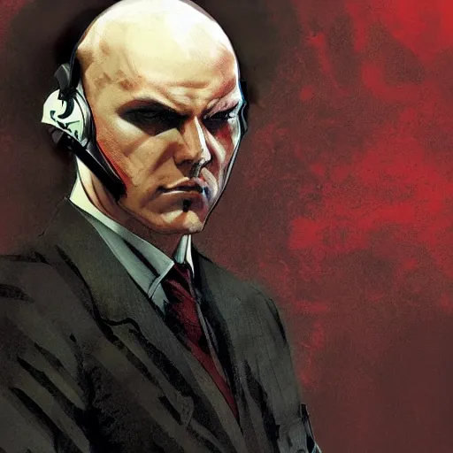 Image similar to a portrait of agent 4 7 from hitman wearing headphones, dark background, red rim light, digital art, artstation, art by yoji shinkawa