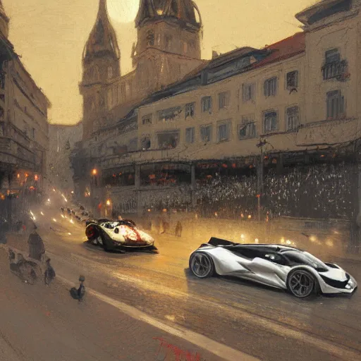 Image similar to a beautiful picture of a car race in the streets of monaco by greg rutkowski and theophile - alexandre steinlen trending on artstation