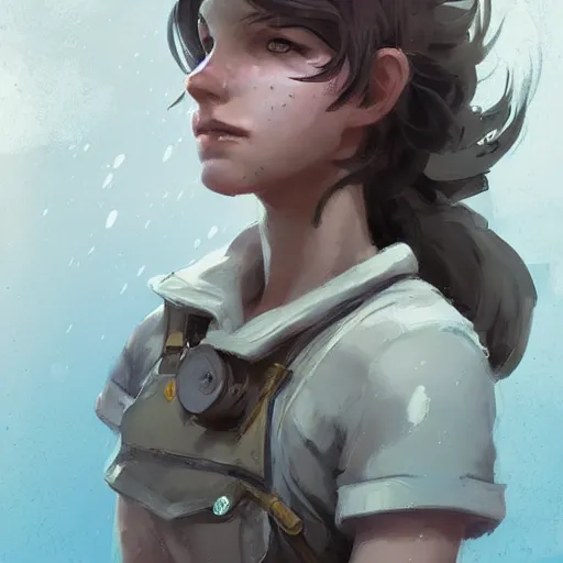 Image similar to portrait, Female adventurer, soft eyes and narrow chin, dainty figure, single strap paint covered overalls, short shorts, combat boots, raining, basic white background, style of by Jordan Grimmer and greg rutkowski, crisp lines and color,