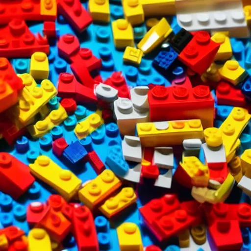 Image similar to parts of dismembered lego minifigures scattered along table, blood leaks from the body parts