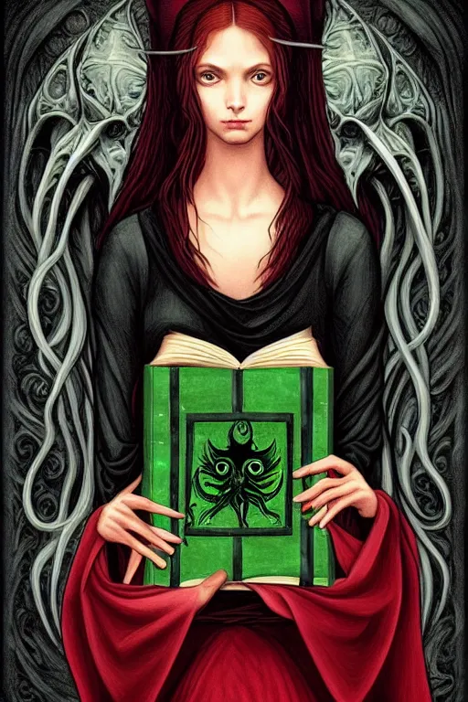 Image similar to raphael illustration of romantic girl, her cat and her book of necronomicon, symmetrical, cinematic, sharp focus, 4 k, ultra hd, sense of awe, sinister demonic atmosphere, dreadful, forbidden knowledge, old gods, cthulhu, yog - sothoth! yah, yah, yah! cultist journal cover