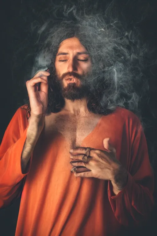 Prompt: portrait photography, jesus smoking a blunt, colorful, drmatic lighting
