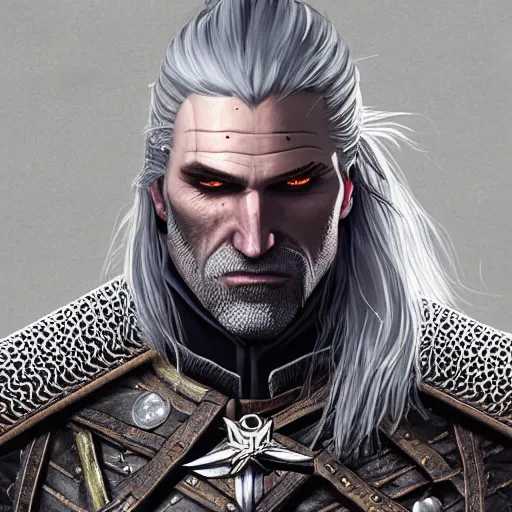 Image similar to portrait of geralt of rivia from the witcher 3, baroque style, elegant, beautiful, mesmerizing, concept art, fancy clothing, highly detailed, artstation, behance, deviantart, inspired by innocent manga, inspired by castlevania concept art, trending, ayami kojima, shinichi sakamoto