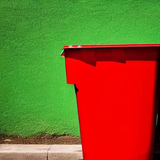 Prompt: a red trash can sinking in a pit of green paint