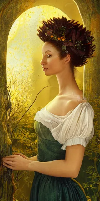 Image similar to fit woman, serene smile surrounded by golden firefly lights, amidst nature fully covered by a intricate detailed dress, long red hair, precise linework, accurate green eyes, small nose with freckles, smooth oval shape face, empathic, expressive emotions, spiritual scene, hyper realistic ultrafine art by artemisia gentileschi, jessica rossier, boris vallejo