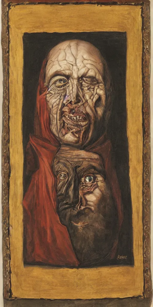 Image similar to portrait of a wizard with a disfigured face, wearing occult robes and ornate jewelry, no frame