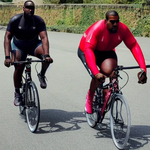 Prompt: obese r kelly and kanye west cycling the tour the france