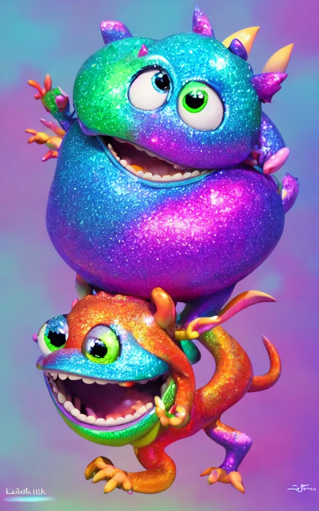 Image similar to a cute baby dragon, big eyes, pixar animation style, soft fur, by jeff koons, by lisa frank, octane render, by takashi murakami, toy, glitter, sparkly, colorful, spectral color, 5 d, ultra - hd, happy, good, mini, volumetric lighting