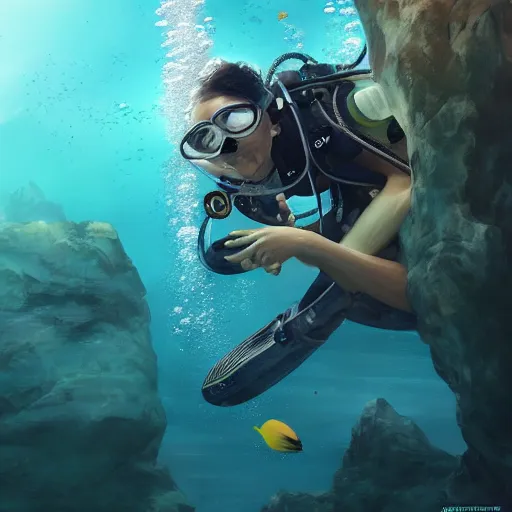 Prompt: a professional diver meets an unknown underwater species, made by Stanley Artgerm Lau, WLOP, Rossdraws, ArtStation, CGSociety, concept art, cgsociety, octane render, trending on artstation, artstationHD, artstationHQ, unreal engine, 4k, 8k,