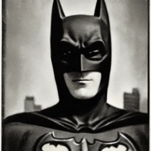 Prompt: old black and white photo portrait, 1 9 2 5, close - up portrait depicting batman spreading his cape on top of a skyscraper of new york city, rule of thirds, historical record