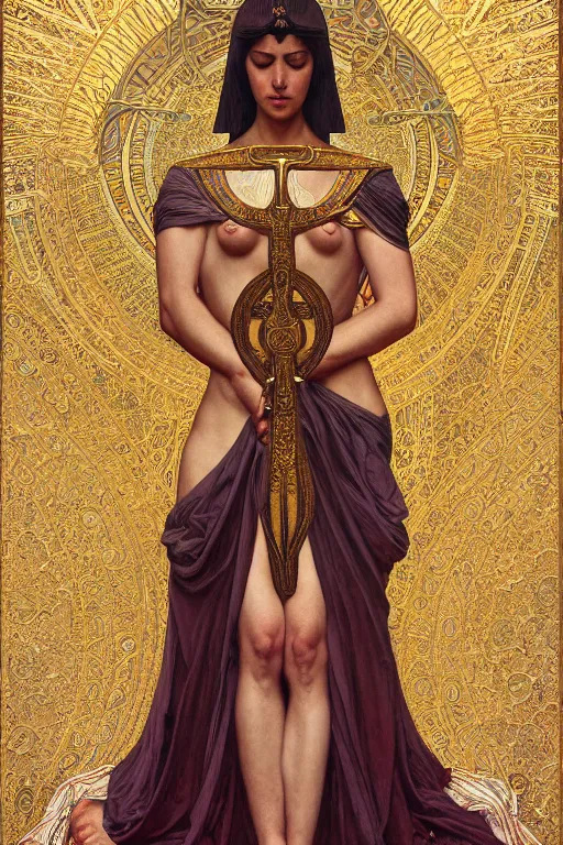 Image similar to a full body portrait of a beautiful ethereal delicate byzantine egyptian mage queen meditative sacral pose catholic stages of the cross, intricate, elegant, highly detailed, digital painting, artstation, concept art, smooth, sharp focus, illustration, art by krenz cushart and artem demura and alphonse mucha