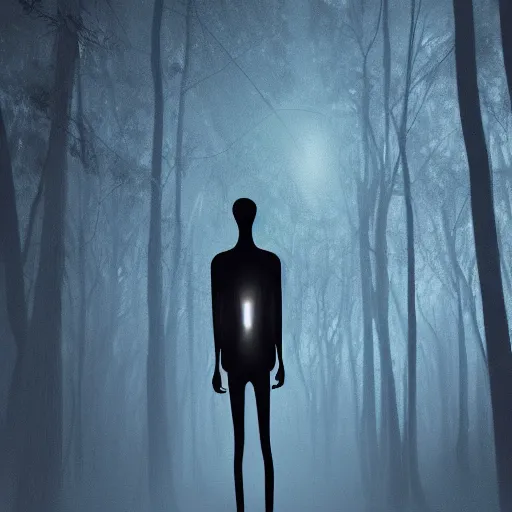 Prompt: tall skinny humanoid creature with no face standing between the trees in a forest at night, realistic, high details, 4 k