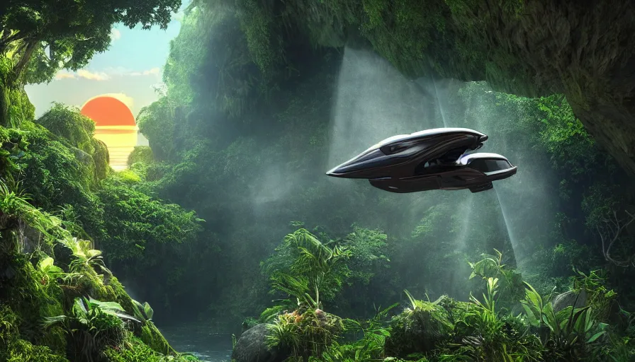 Image similar to a distant scifi flying car floating in a prehistoric jungle cave, lush flora, waterfall, sunset, hazy, volumetric lighting, rtx on, photorealistic render, great composition, very detailed