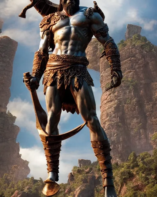 Prompt: a gigantic 1 0 0 0 foot bronze statue of a kratos holding his spear and shield, god of war, fantasy landscape, thousands of tiny onlookers, photorealistic, atmospheric