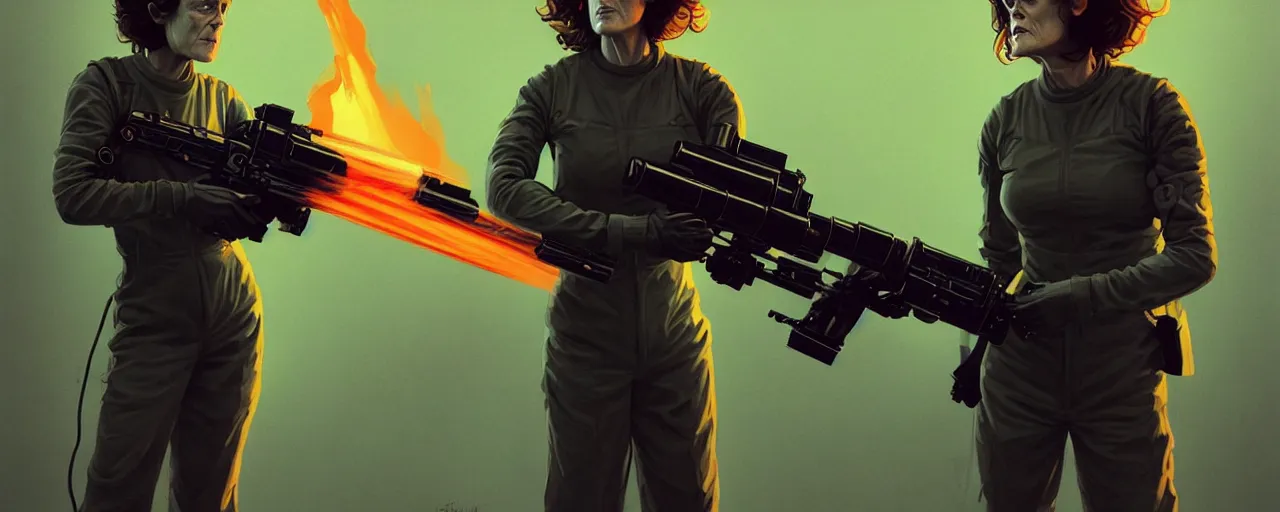 Image similar to duotone dark concept illustration 3 / 4 portrait of sigourney weaver as ellen ripley with flame thrower. cinematic volumentric lighting space. golden ratio accidental renaissance. by sachin teng and sergey kolesov and ruan jia and heng z. graffiti art, scifi, fantasy, hyper detailed. octane render. concept art. trending on artstation