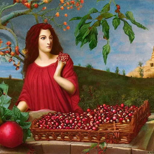 Image similar to Persephone surrounded by pomegranates