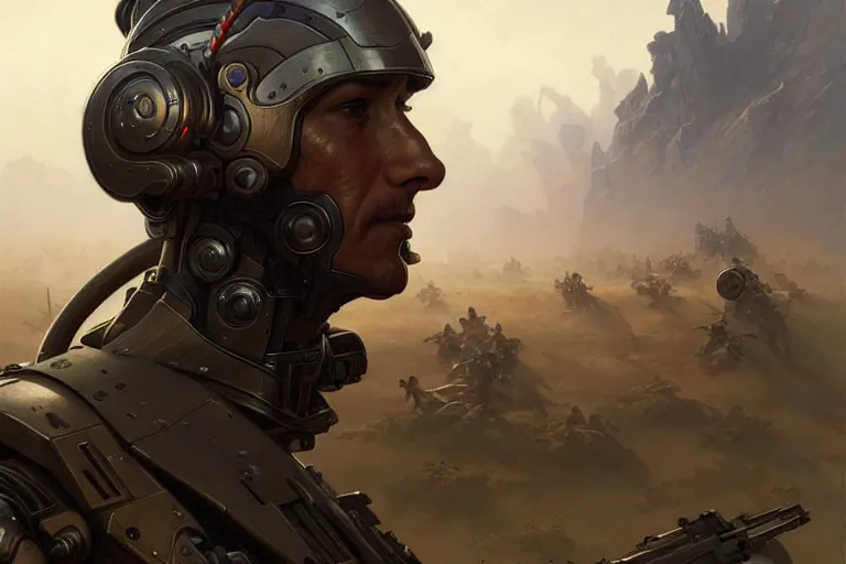 Prompt: ultra realistic illustration, male cyborg military commander, looking at a battlefield, intricate, elegant, highly detailed, digital painting, artstation, concept art, smooth, sharp focus, illustration, art by artgerm and greg rutkowski and alphonse mucha