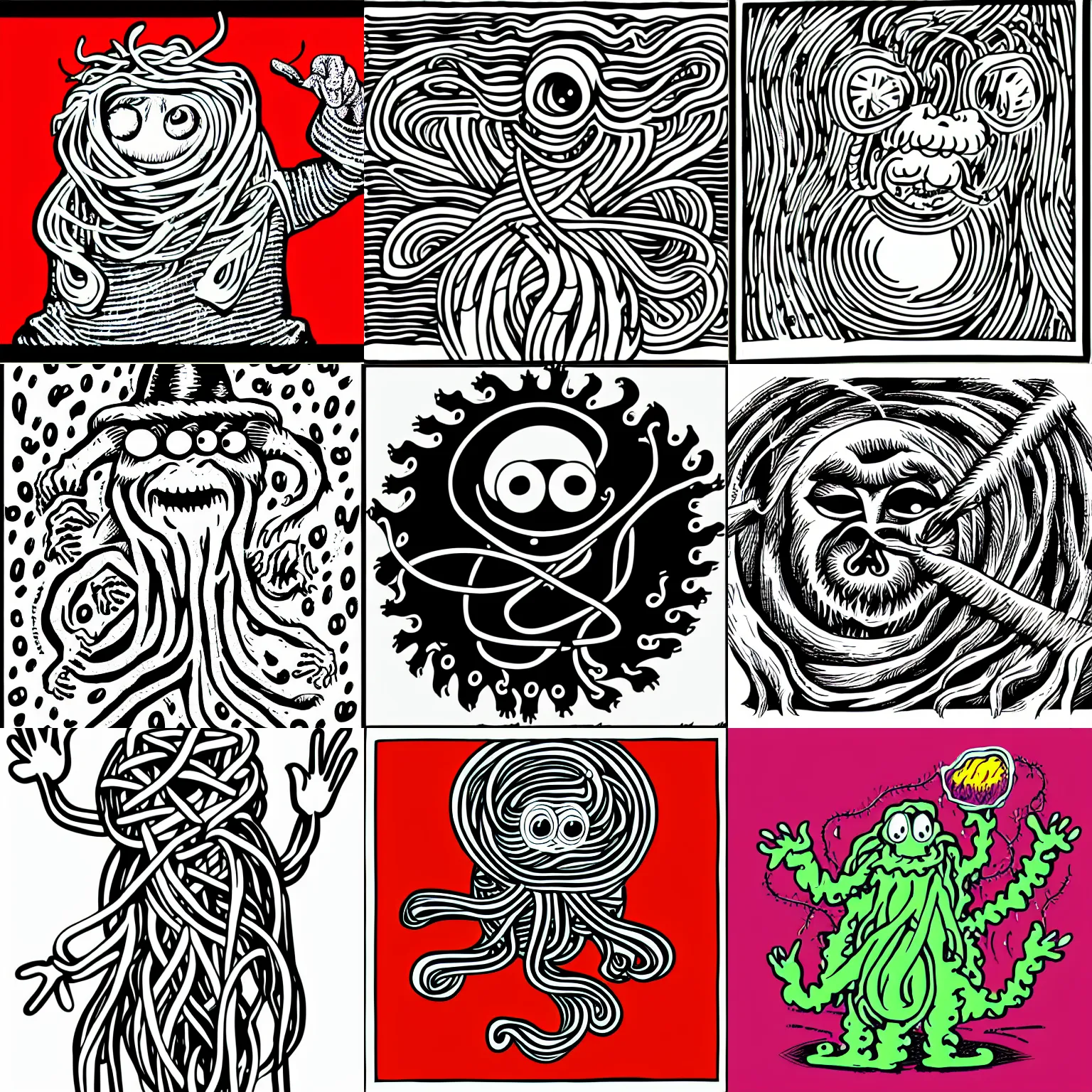 Prompt: weird wizard spaghetti monster in a hand-drawn vector, svg, cult-classic-comic-style