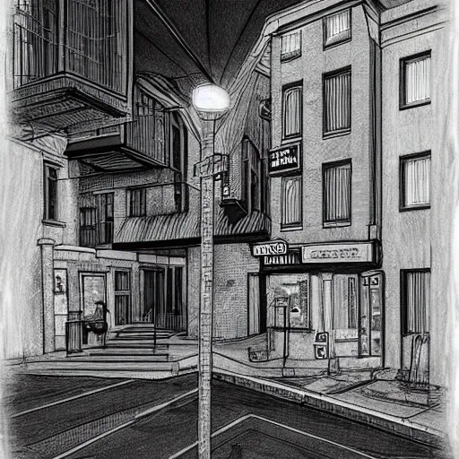 Image similar to graphite illustration of non-euclidean geometry byzantine cyberpunk street corner, surreal grunge