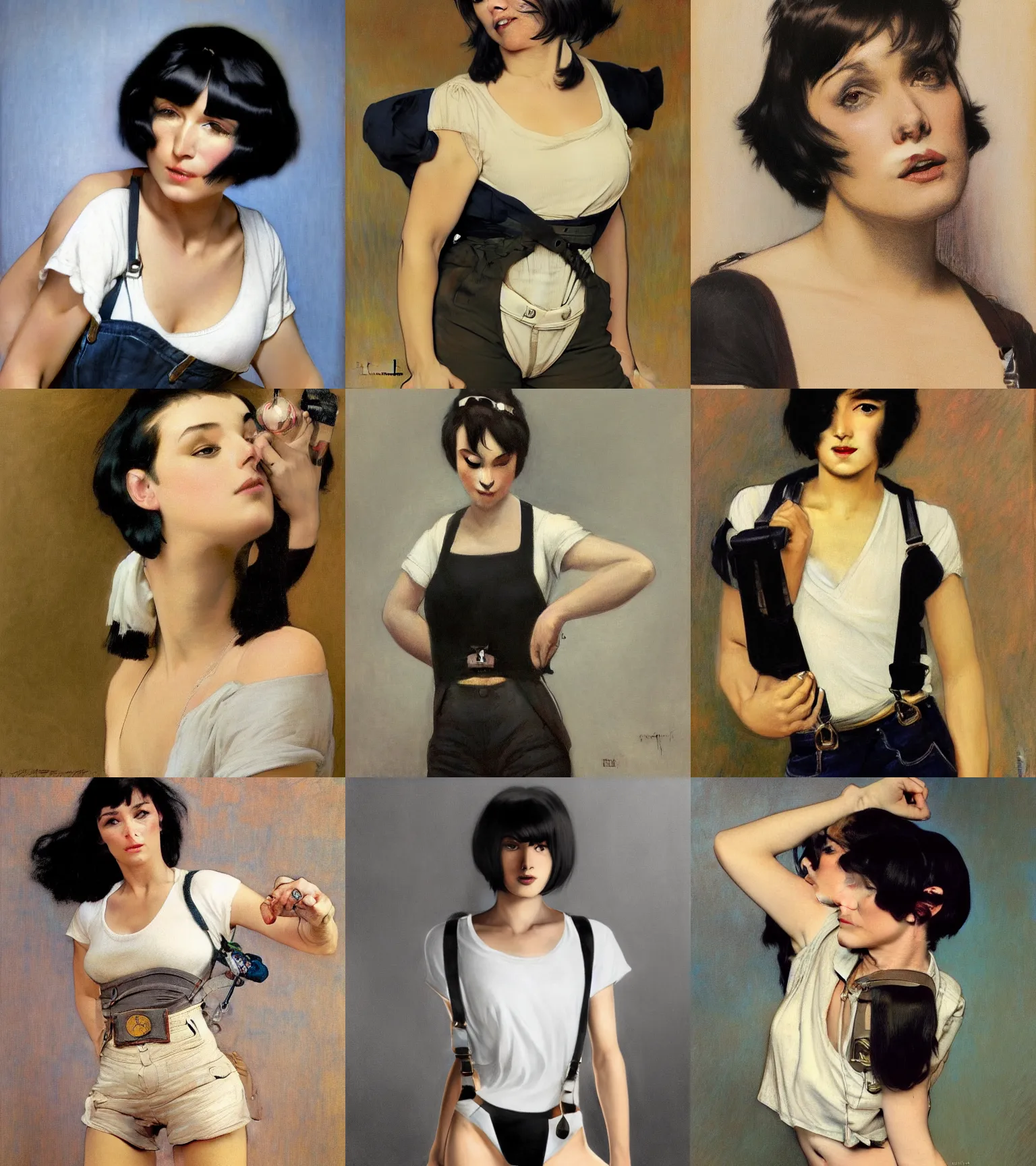 Prompt: a woman with black bob haircut in shorts with suspenders and white t-shirt drawn by frank frazetta, Alexandre Cabanel, norman rockwell, peter paul rubens, maler collier, alphonso azpiri, alphonse mucha, gustav klimt 4k, unreal 5, DAZ, french noveau, trending on artstation, octane render, hyperrealistic