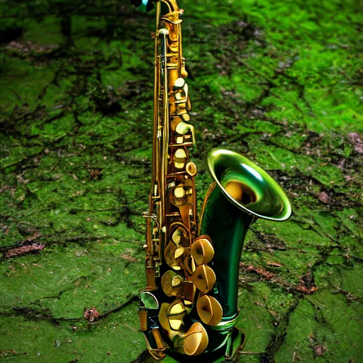 Prompt: A saxophone submerged in a murky green swamp, Photograph