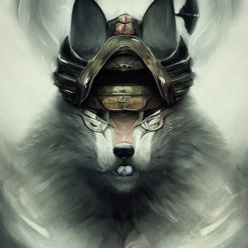 Image similar to wolve as an samurai, backround dark, highly detailed, digital illustration, trending in artstation, modern painting, smooth, sharp focus, intricate, by peter mohrbacher