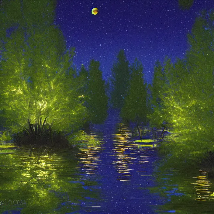 Image similar to lake trees night fireflies glowing above water digital painting concept art