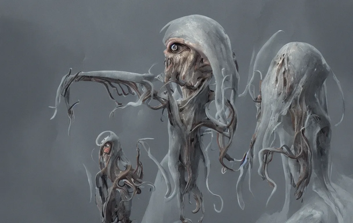 Image similar to humanoid squid with grey skin in robes looking at the viewer, concept art by jama jurabaev