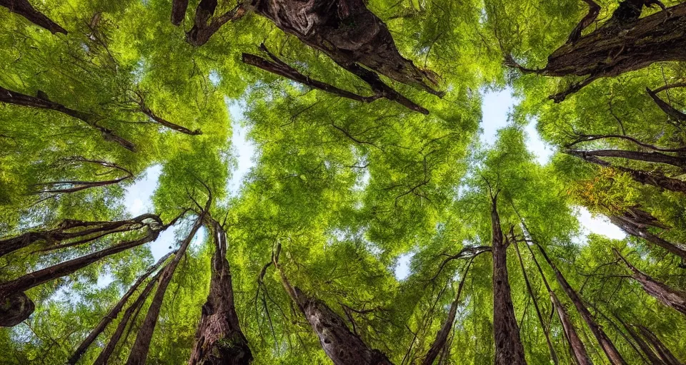 Image similar to looking up at on ancient willow forest, hemlocks, moss, stream, intricate, vivid colors, elegant, highly detailed, ivan shishkin, john park,