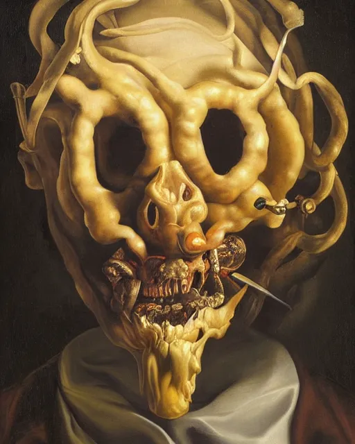 Prompt: refined gorgeous blended oil painting with black background by christian rex van minnen rachel ruysch dali todd schorr of a chiaroscuro portrait of an extremely bizarre disturbing mutated man with shiny skin acne dutch golden age vanitas intense chiaroscuro cast shadows obscuring features dramatic lighting perfect composition masterpiece