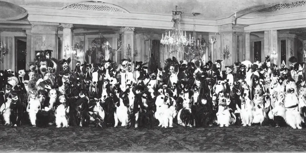 Image similar to a furry convention taking place in a luxury hotel, 1 9 0 0 s photograph