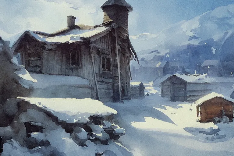 Prompt: small centered on white watercolor paper, paint brush strokes, abstract watercolor painting of nomad settlement, scandinavia, midday sharp light, cinematic light, american romanticism by hans dahl, by jesper ejsing, by anders zorn, by greg rutkowski, by greg manchess, by tyler edlin