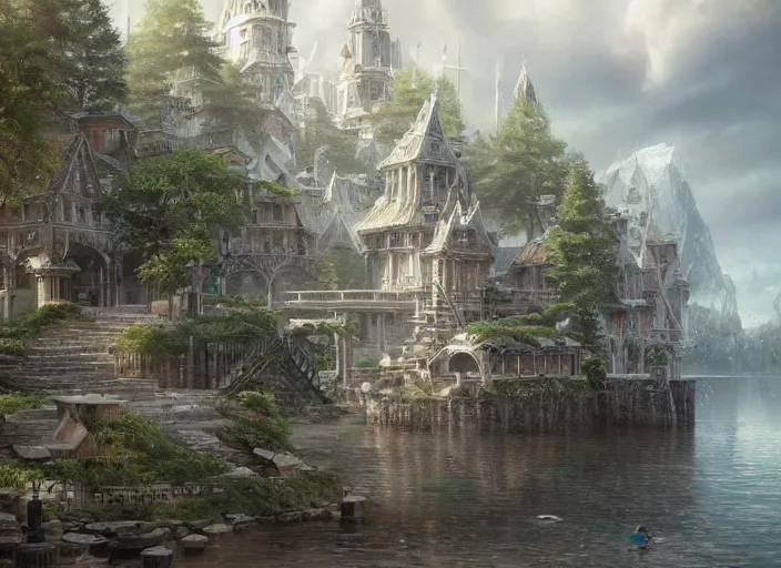 Image similar to A fishing port near the ocean in a beautiful elven city made of white marble, anime, lush trees, fountain, a fantasy digital painting by Greg Rutkowski and James Gurney, trending on Artstation, highly detailed