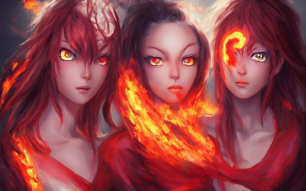 Image similar to A realistic anime portrait of a beautiful fire spirit twins with glowing red eyes and firey skin wearing clothes made of flames, digital painting, by Stanley Artgerm Lau, Sakimichan, WLOP and Rossdraws, digtial painting, trending on ArtStation, SFW version