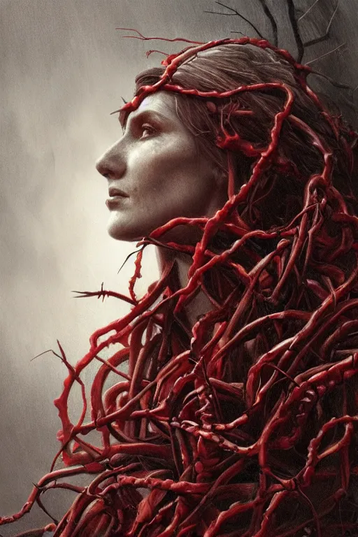 Image similar to realistic portrait beautiful detailed matte painting of cinematic movie scene a mummy, tentacles, black and red, thorns, vines, horror, created by gustave dore and greg rutkowski, high detailed, smooth draw, synthwave neon retro, intricate, realistic proportions, dramatic lighting, trending on artstation.