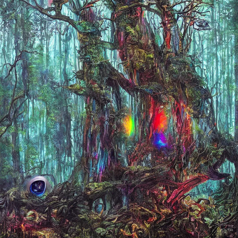 Prompt: a dark fantasy forest with rainbow eyes hiding in the dark. hyperrealist fantastic and absurd. science fiction and fantasy illustration. richly colored painting by don ivan punchatz.