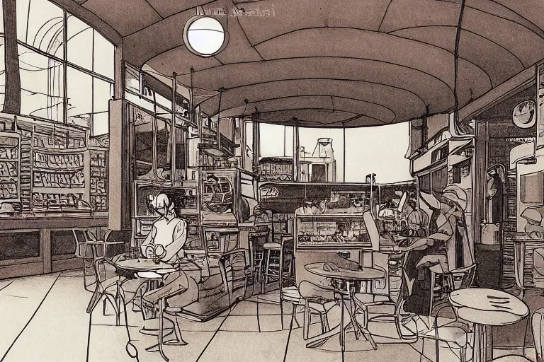 Image similar to coffee shop by moebius