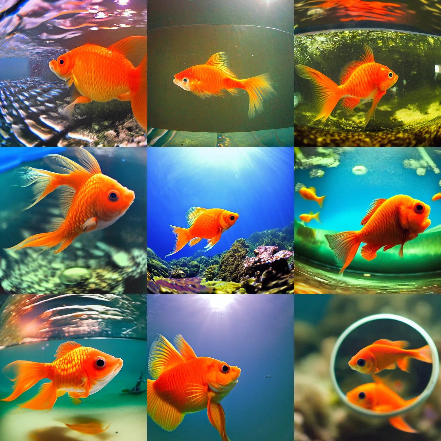 Prompt: a goldfish swimming up to the camera, fisheye lens, photo