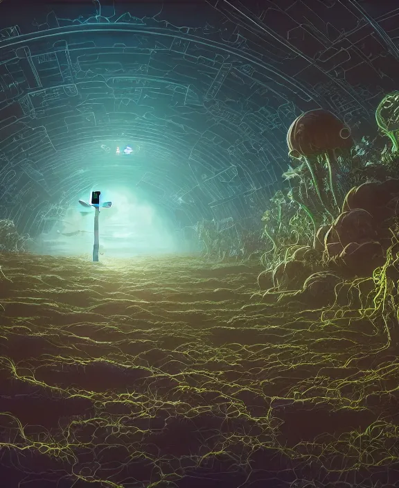 Image similar to simplicity, a simple church made out of exotic fungus, overgrown with weird smooth fungus and tendrils, spaceship, sci - fi, robots, somber, partly cloudy, by dan mumford, yusuke murata, makoto shinkai, ross tran, cinematic, unreal engine, cel shaded, featured on artstation, pixiv
