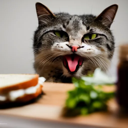 Image similar to an anthropomorphic cat makes a ham sandwich in a kitchen, 85mm f1.8