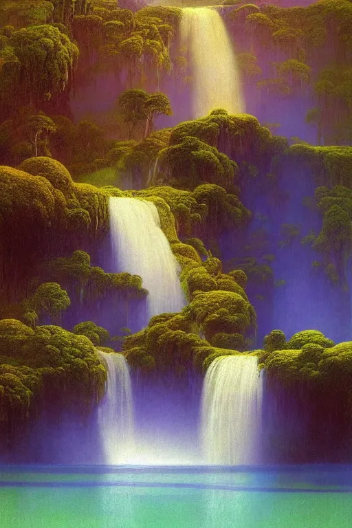 Prompt: waterfall falling from an island floating in the sky, concept art, vivid color, complementary color, golden ratio, detailed, sharp lines, sharp focus, intricate, rainbowshift, by maxfield parrish, by james gurney, by gustave dore, by beksinski, deviantart, octane render