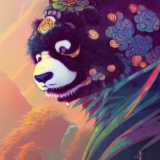 Image similar to a beautiful hyperdetailed character design 4 k wallpaper illustration of a cute panda with a chinese lion dance head victo ngai cyberpunk style, from china, style of studio ghibli, makoto shinkai, raphael lacoste, louis comfort tiffany, artgerm, james jean, ross tran, chinese style