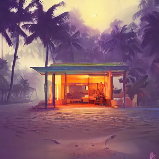 Prompt: a tropical beach shack by james gilleard and liam wong and jeremy mann