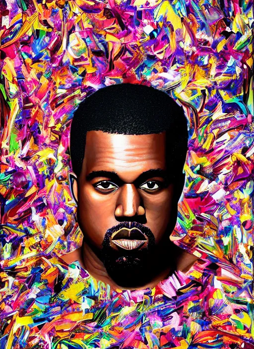 Image similar to ( ( ( ( ( beautiful painting of [ kanye west ], [ kanye west ] contemporary, colorful acrylic, airbrush painting [ realistic portrait ] ) ) ) ) ) by kehinde wiley and archan nair [ hyperrealism ]!!!!!!!