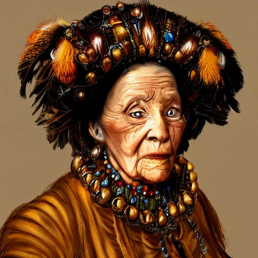 Image similar to portrait headshot digital painting of a old 17th century old lady cyborg merchant, amber jewels, clorful feathers, baroque ornate clothing