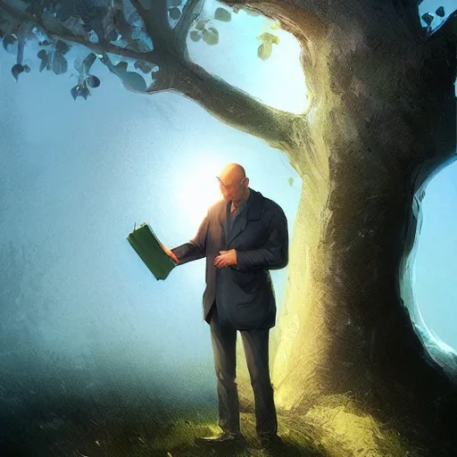 Prompt: a middle aged man stands next to a tree, holding a book open, sunlight reflects from his bald head, digital art, illustration, realistic, 3 d art, illustration, picture, fantasy art, illustration, illustrated by greg rutkowski, and anton fadeev, detailed!!