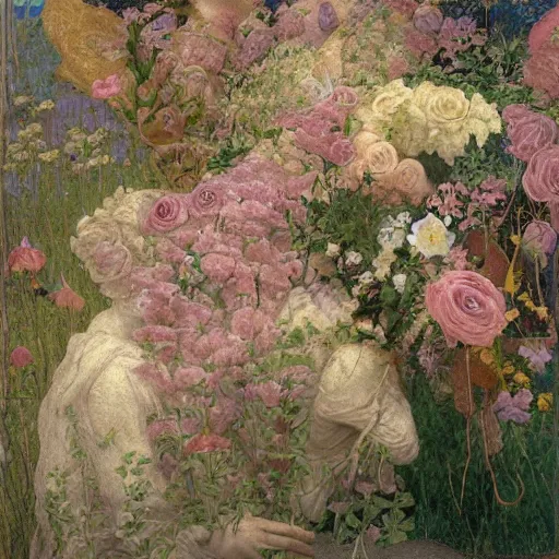 Image similar to This painting is a large canvas, covered in a wash of color. In the center is a cluster of flowers, their petals curling and twisting in on themselves. The effect is ethereal and dreamlike, and the overall effect is one of serenity and peace. caput mortuum, chalk art by W. Heath Robinson, by Albert Bierstadt, by Abbott Fuller Graves AWESOME, detailed