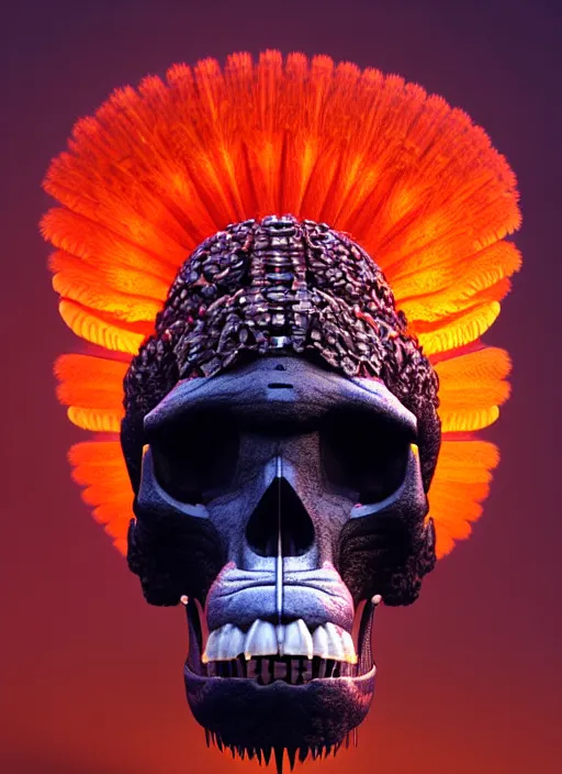 Image similar to 3 d ape shaman profile portrait, sigma 5 0 0 mm f / 5. beautiful intricate highly detailed quetzalcoatl skull and feathers. bioluminescent, plasma, lava, ice, water, wind, creature, thunderstorm! artwork by tooth wu and wlop and beeple and greg rutkowski, 8 k trending on artstation,