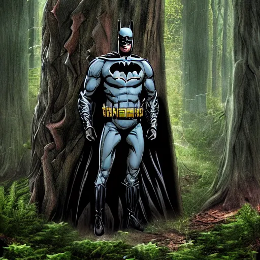 Image similar to batman meets groot in the woods digital art 4 k detailed super realistic